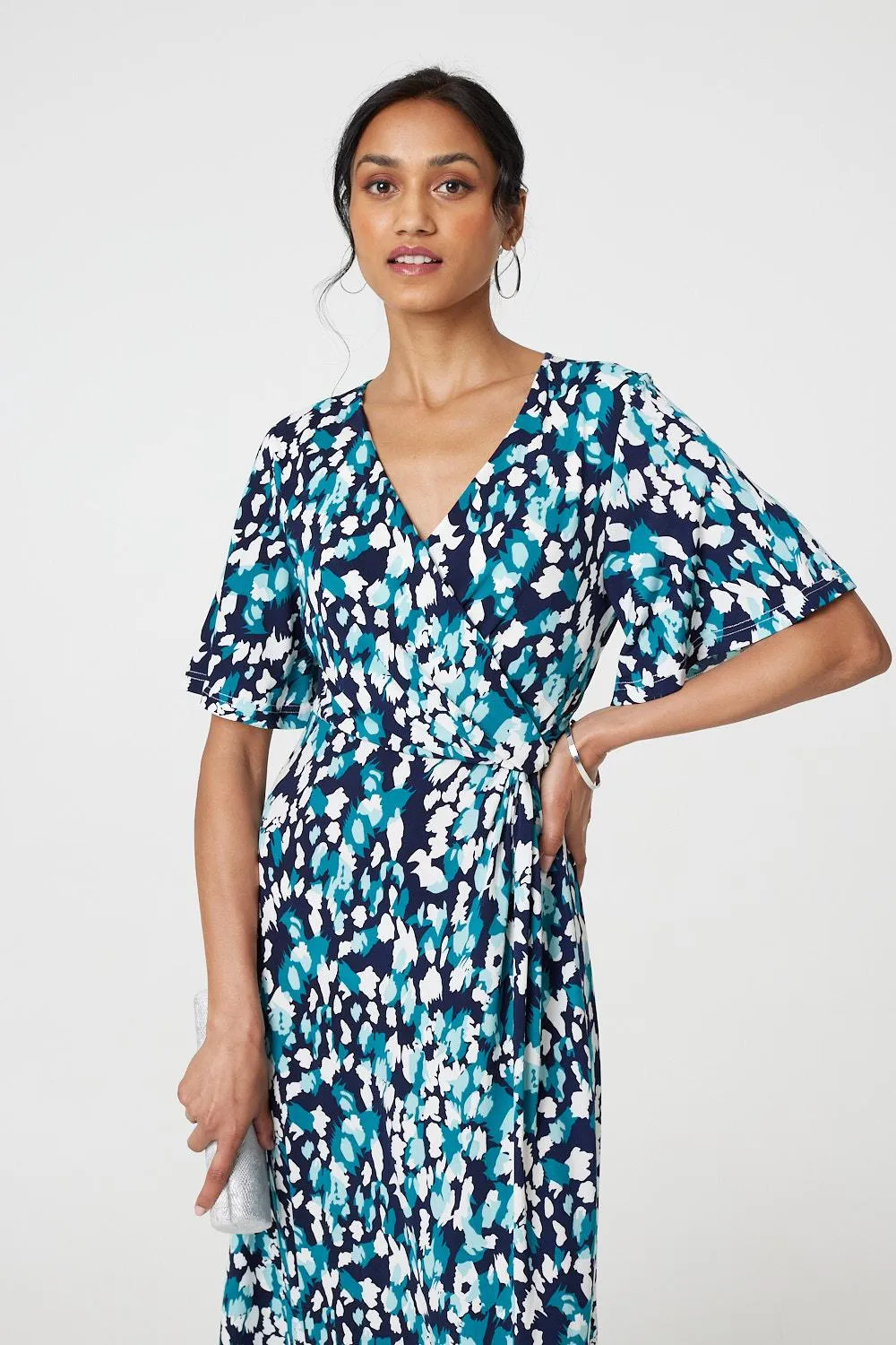 Animal Print V-Neck Midi Wrap Dress