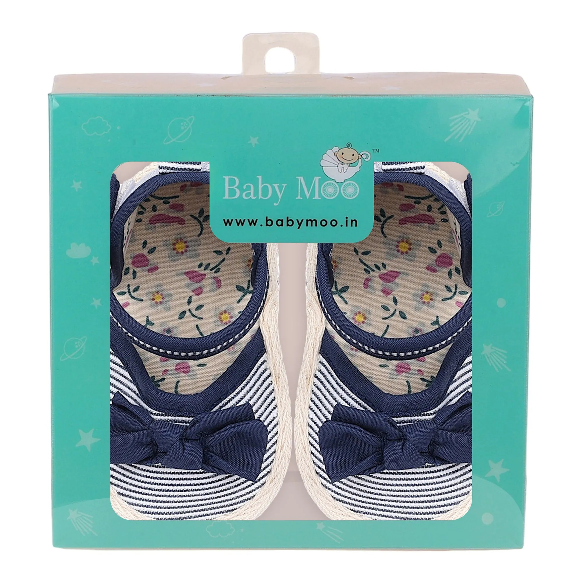 Baby Moo Bow Nautical Striped Velcro Straps Anti-Skid Sandals - Blue