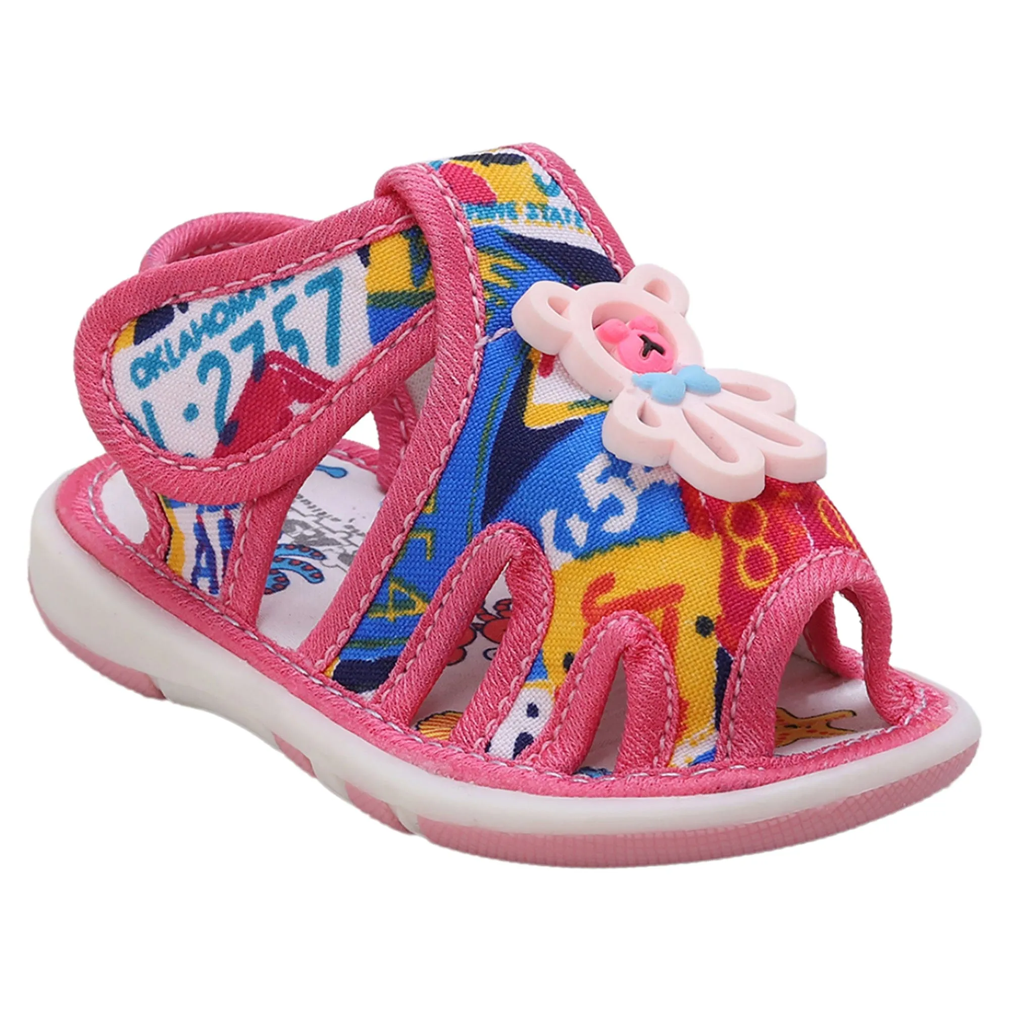 Baby Moo Teddy Applique Velcro Strap Anti-Skid Chu Chu Sound Sandals - Pink