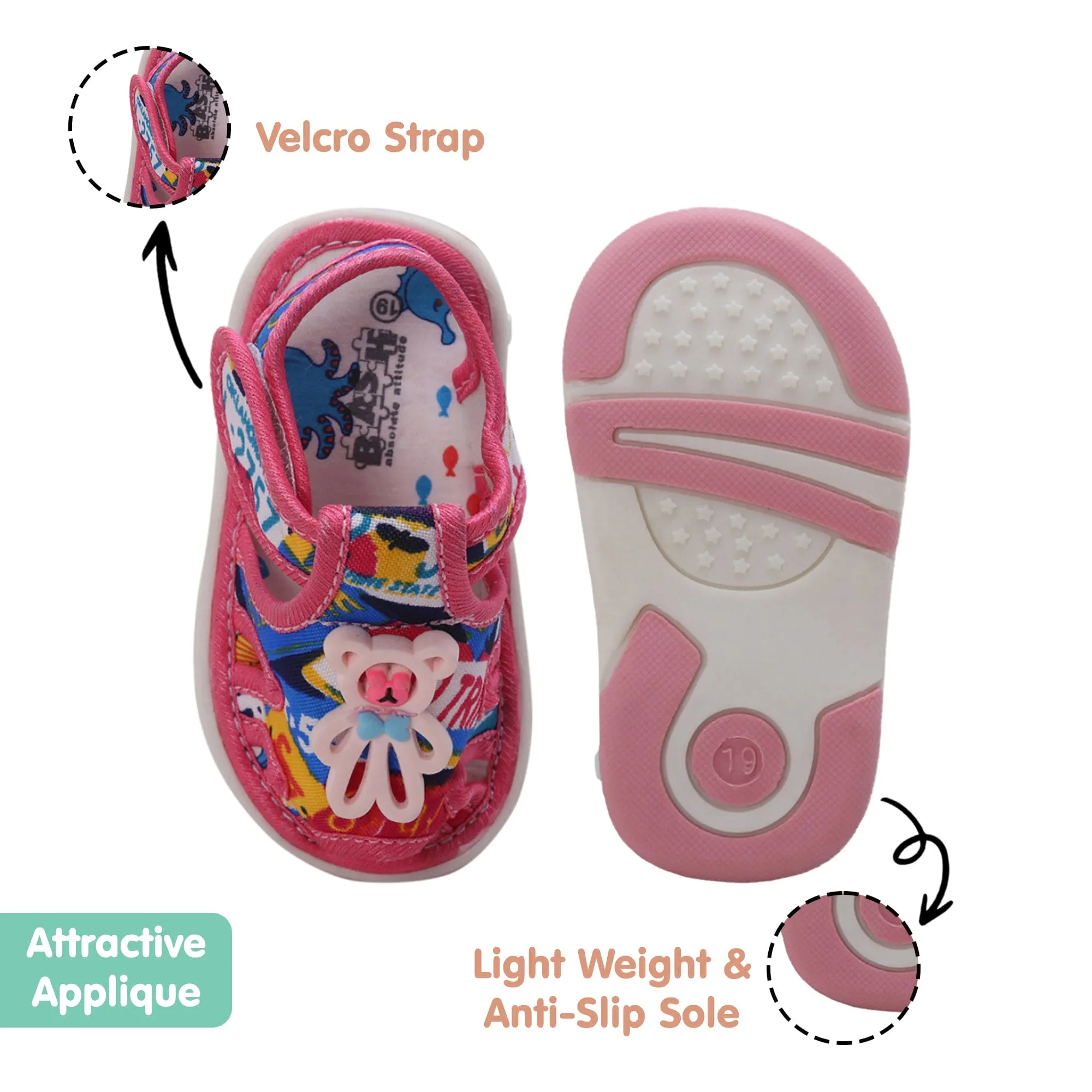 Baby Moo Teddy Applique Velcro Strap Anti-Skid Chu Chu Sound Sandals - Pink