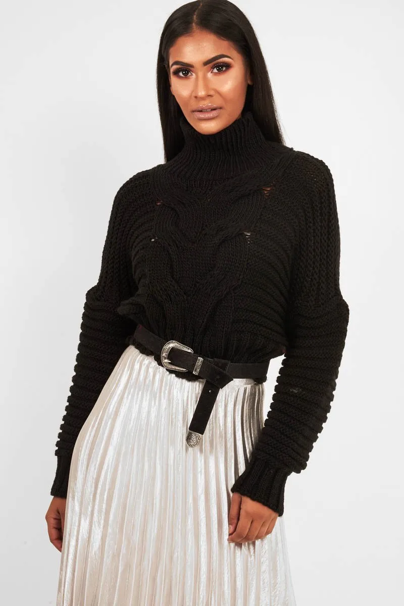 Black Cable Knit Sleeve Detail Jumper - Miyonna