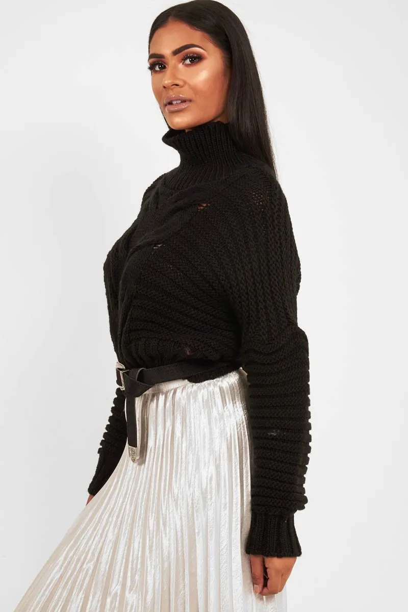 Black Cable Knit Sleeve Detail Jumper - Miyonna