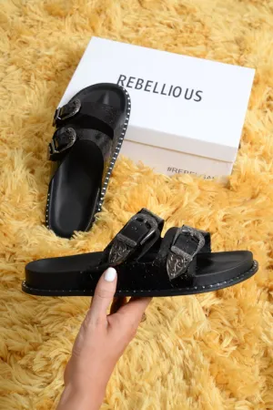 Black Double Buckle Western Sandals - Jenifer