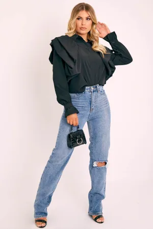 Black Full Length Ruffle Sleeve Shirt - Keisha