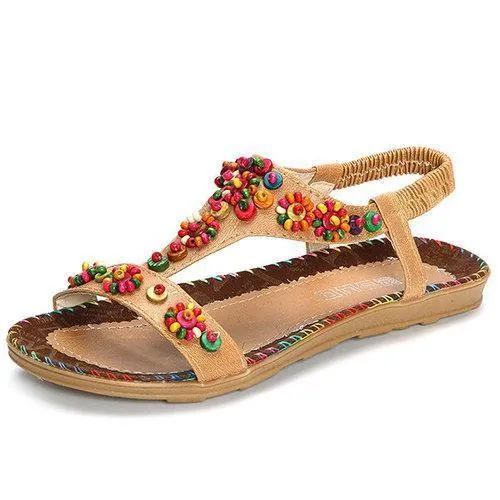 Bohemia Beads Flower Slip On Elastic Bands Flat Sandals