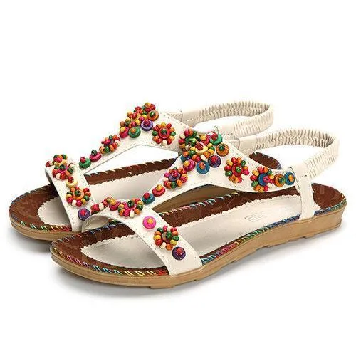 Bohemia Beads Flower Slip On Elastic Bands Flat Sandals