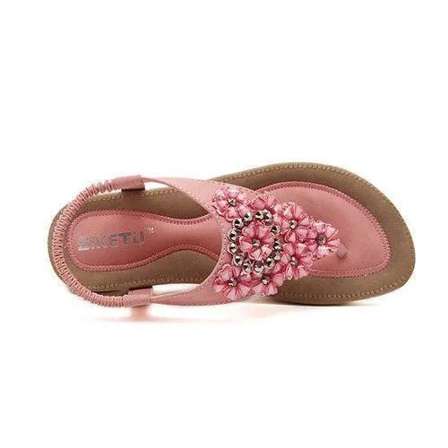 Bohemia Floral Bead Crystal Slip On Elastic Flat Beach Sandals