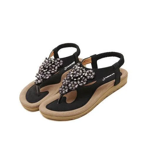 Bohemia Floral Bead Crystal Slip On Elastic Flat Beach Sandals