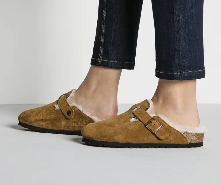 Boston Shearling Fur Birkenstock Slip Ons -Mink Brown