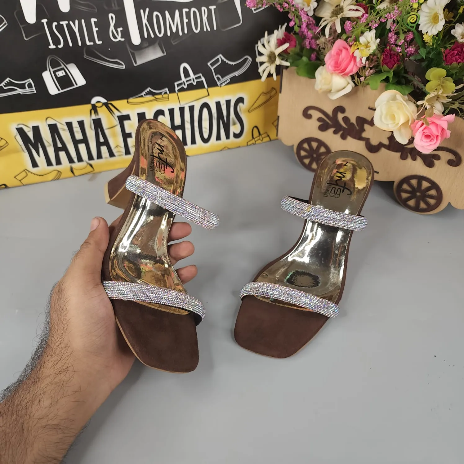 Brown Studs Strips Footwear in Heel