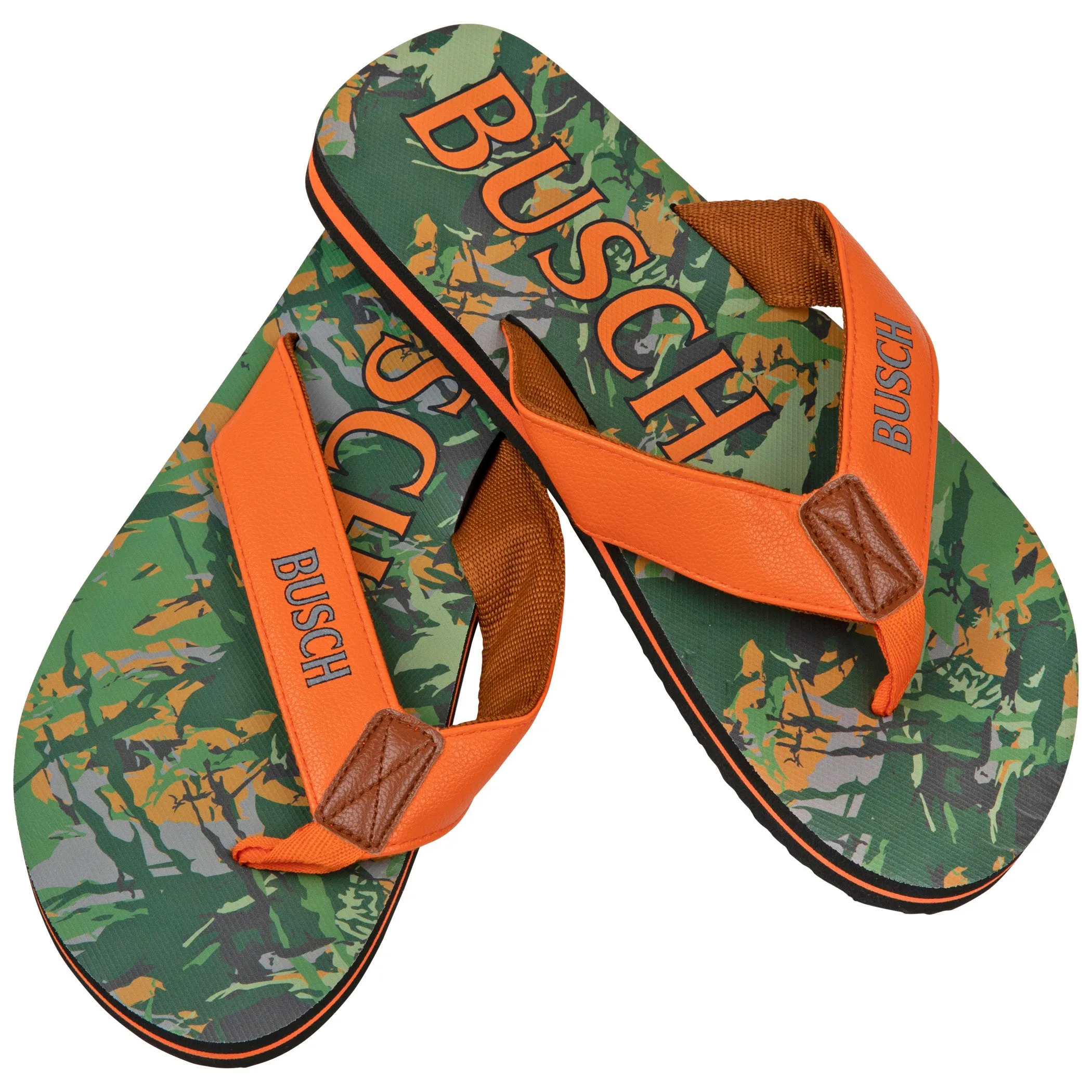 Busch Hunter Orange Text Logo Tree Camo Men's Flip Flop Sandals