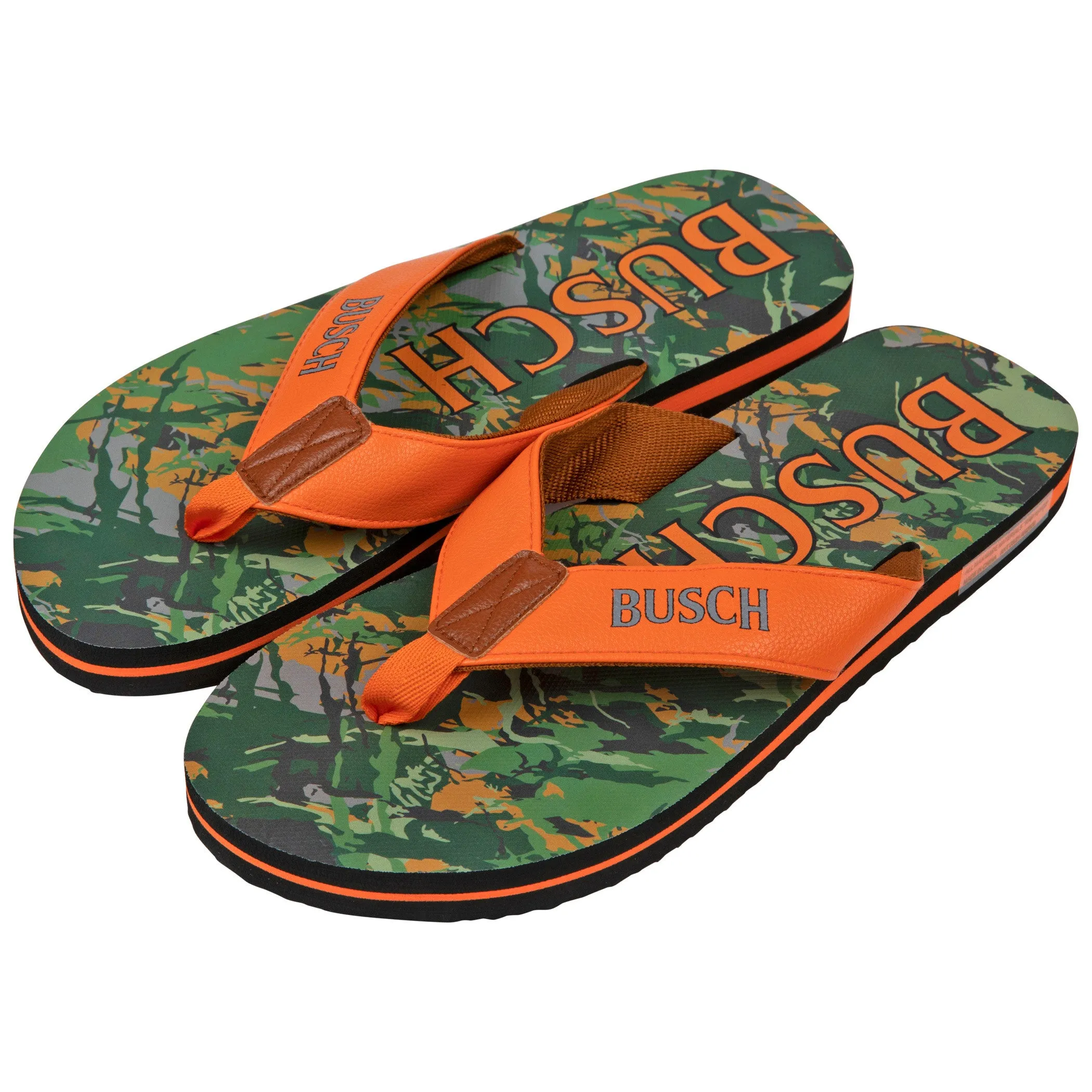 Busch Hunter Orange Text Logo Tree Camo Men's Flip Flop Sandals