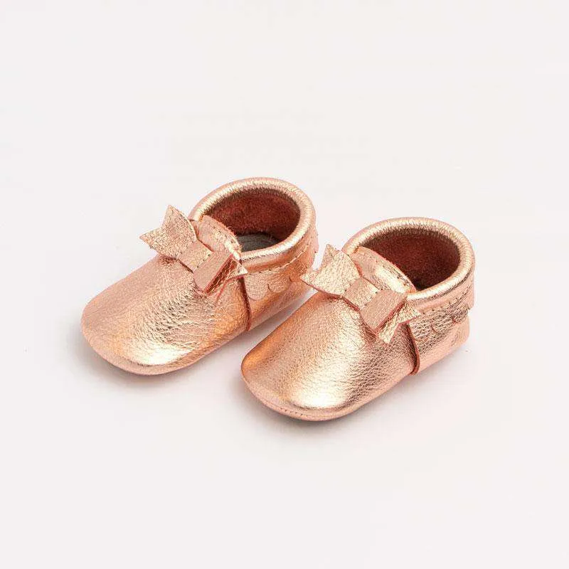 Freshly Picked | Bow Mini Sole Moccs ~ Rose Gold Size 6