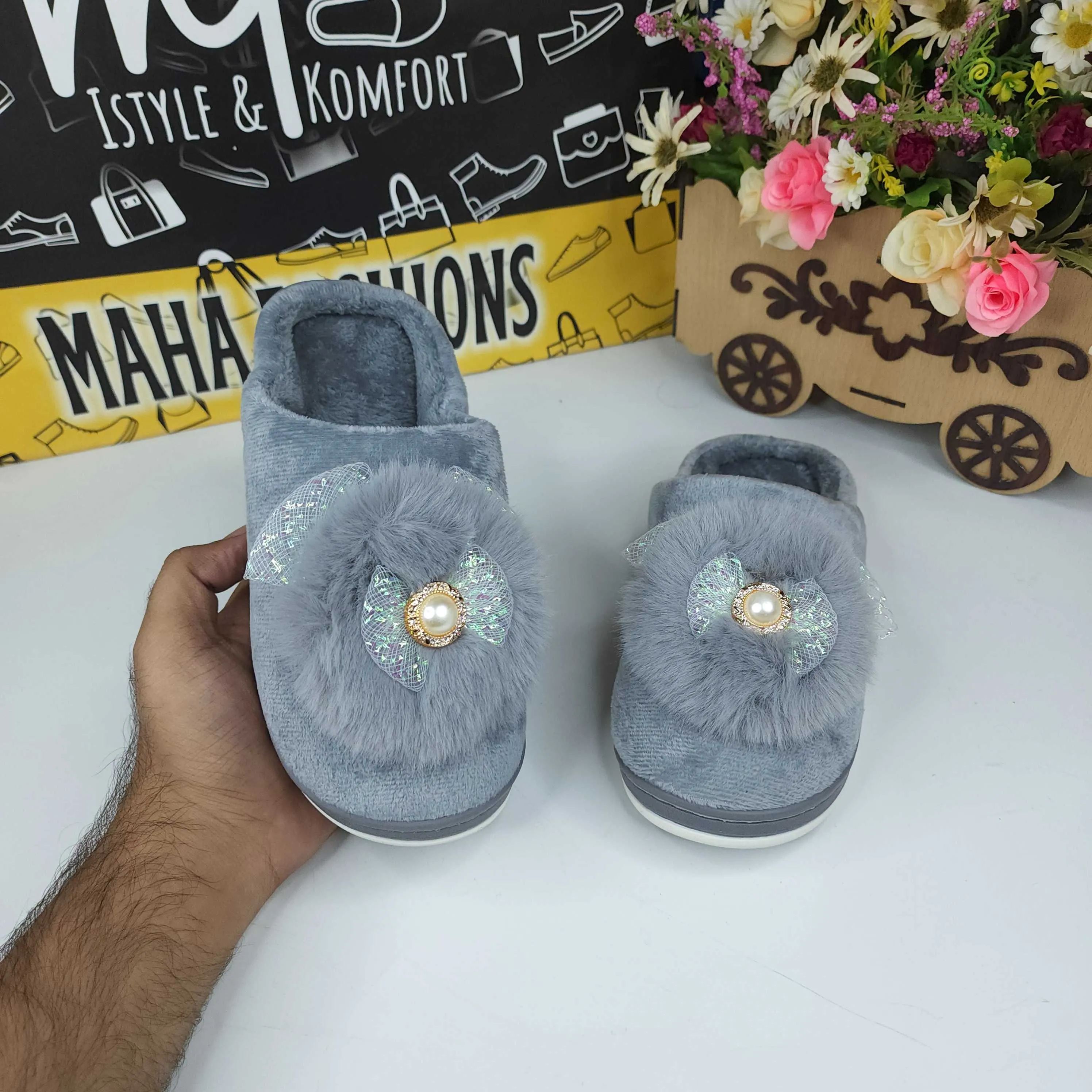 Grey Fur Mules