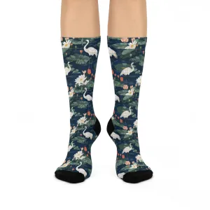 Japandi Style Whooping Cranes with Lotus Flowers Design Cushioned Crew Socks