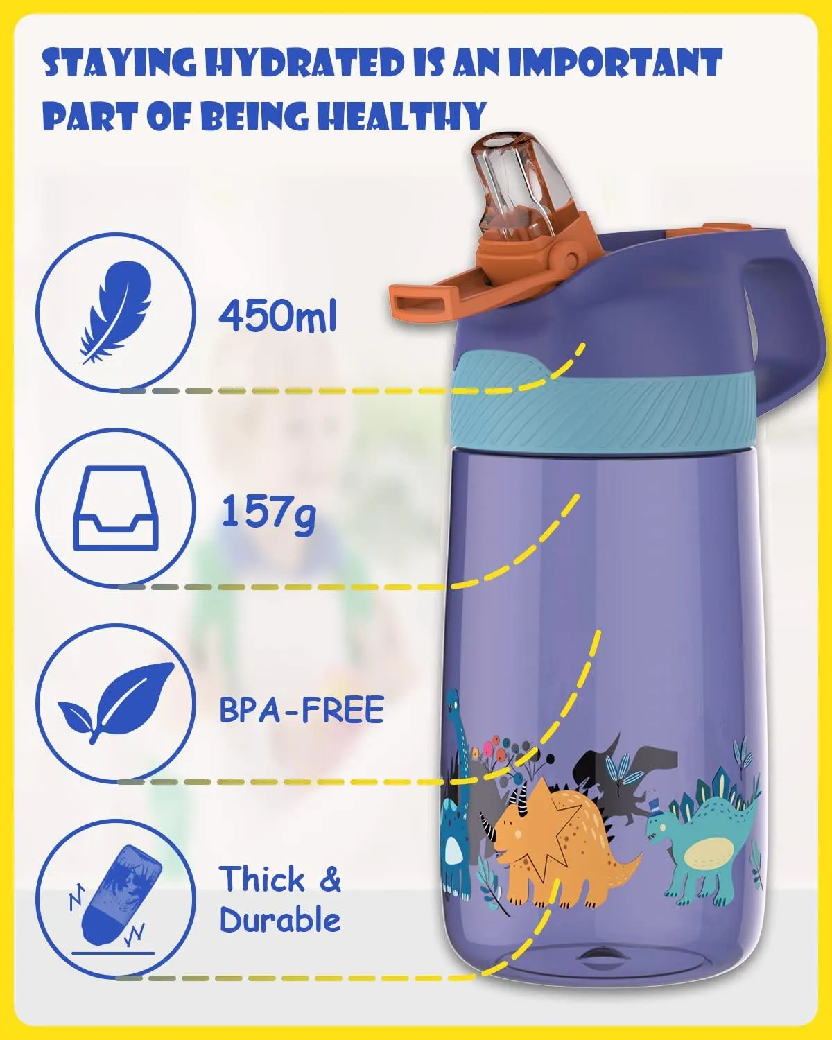 Kids Water Bottle with Straw, BPA Free Leak Proof 450ml Drinking Bottle