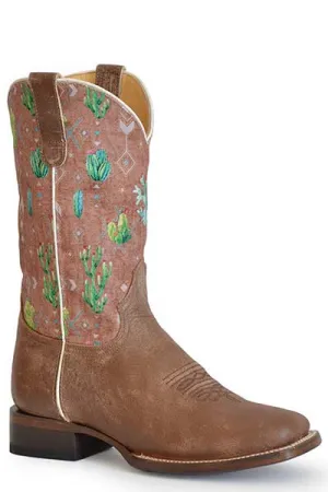 Ladies Roper Footwear Vintage Brown Broad Square Toe Boots with Cactus & Aztec Print Tops