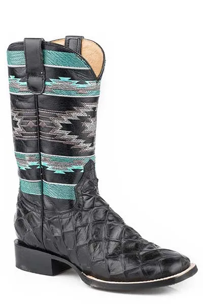 Roper Footwear Women's Black Pirarucu Broad Square Toe Boots with Aztec Embroidered Tops