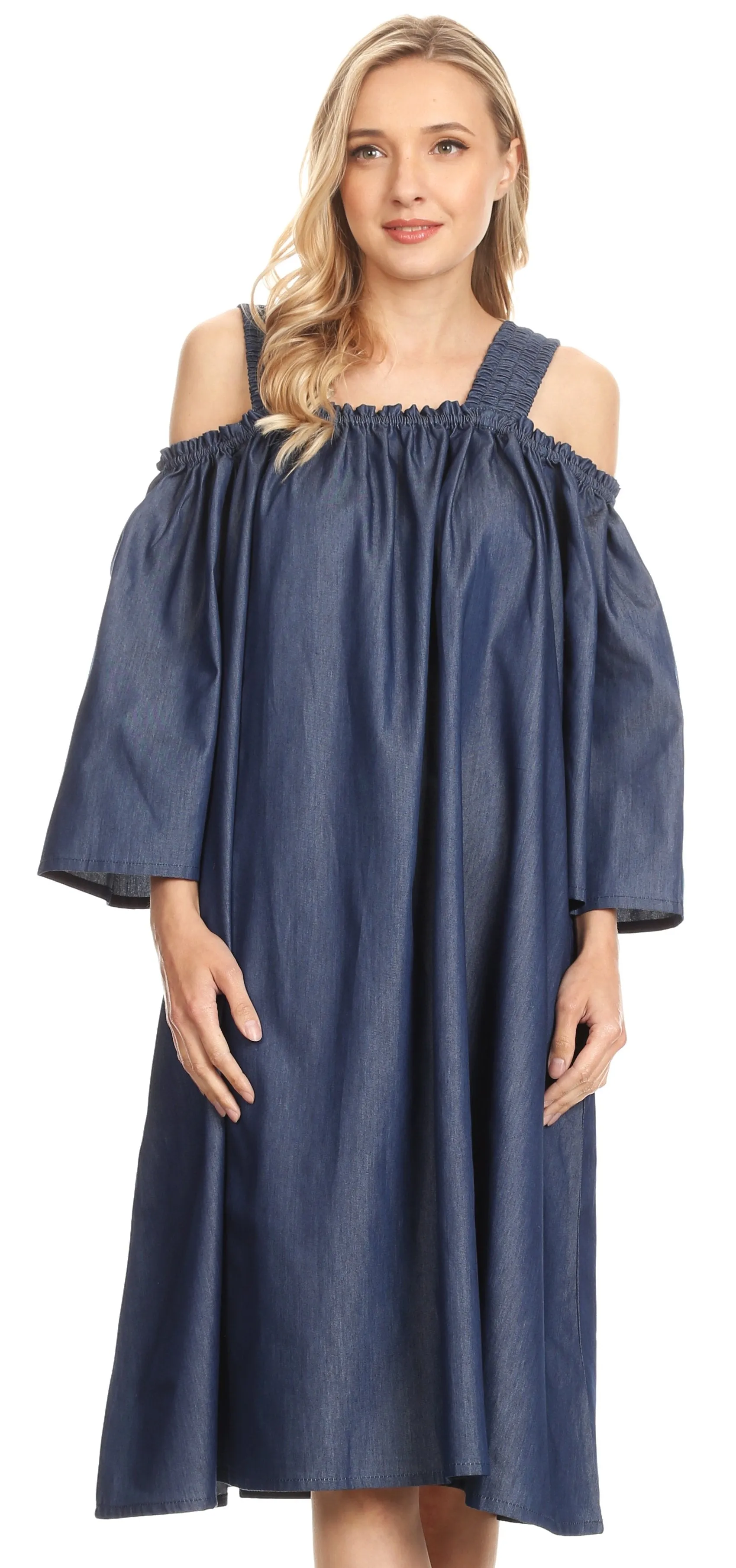 Sakkas Asya Off-shoulder Chambray Cocktail Dress with Pockets Flowy & Drapey