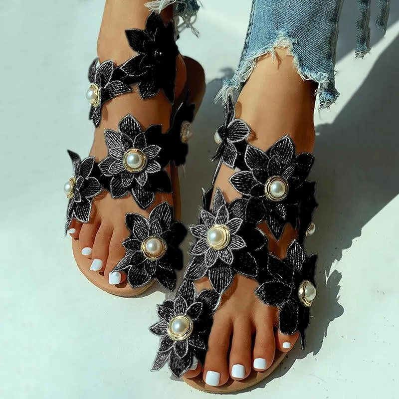 Women Flower Design Flat Bohemian Casual Beach Sandals