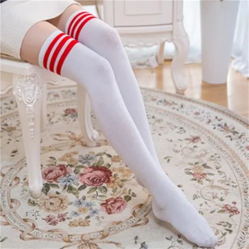 Women Long Warm Thigh High Striped Trim Top Stockings