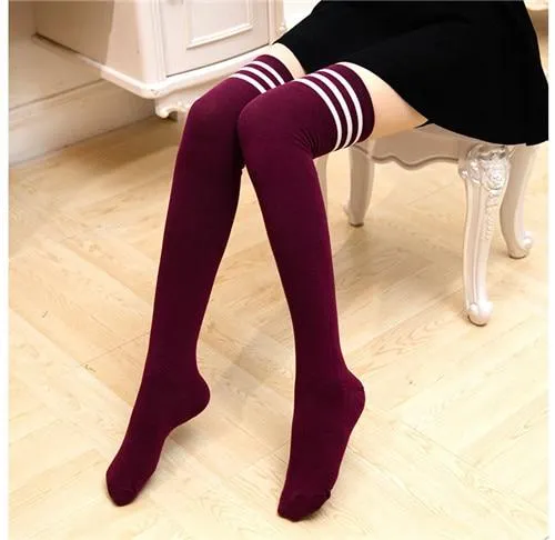 Women Long Warm Thigh High Striped Trim Top Stockings