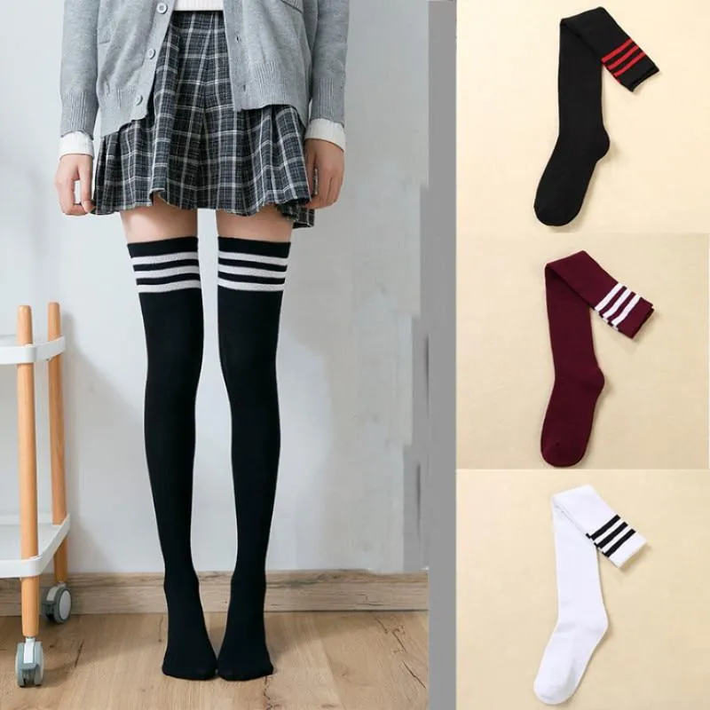 Women Long Warm Thigh High Striped Trim Top Stockings