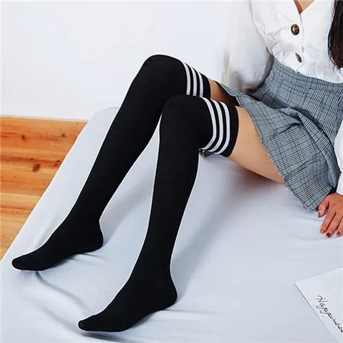 Women Long Warm Thigh High Striped Trim Top Stockings