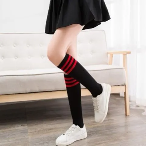 Women Long Warm Thigh High Striped Trim Top Stockings