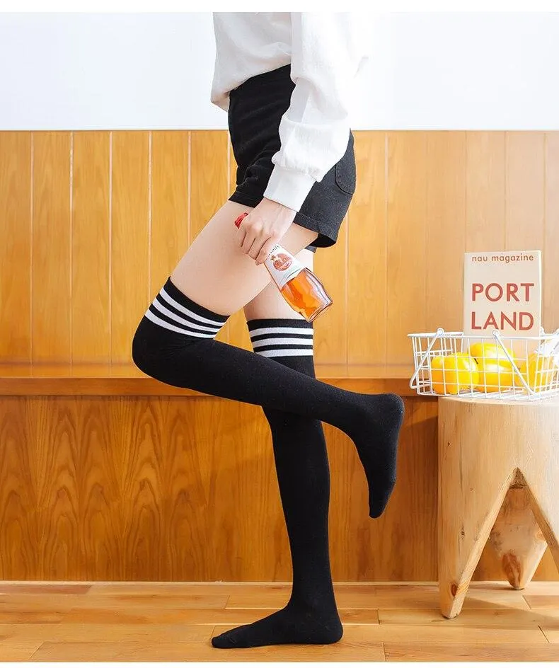 Women Long Warm Thigh High Striped Trim Top Stockings