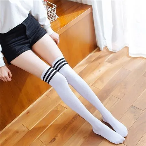 Women Long Warm Thigh High Striped Trim Top Stockings