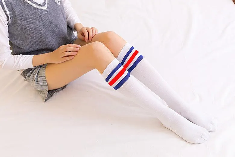 Women Long Warm Thigh High Striped Trim Top Stockings