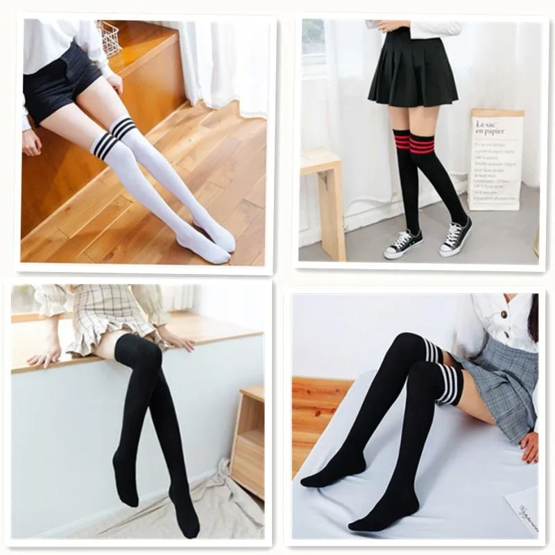 Women Long Warm Thigh High Striped Trim Top Stockings