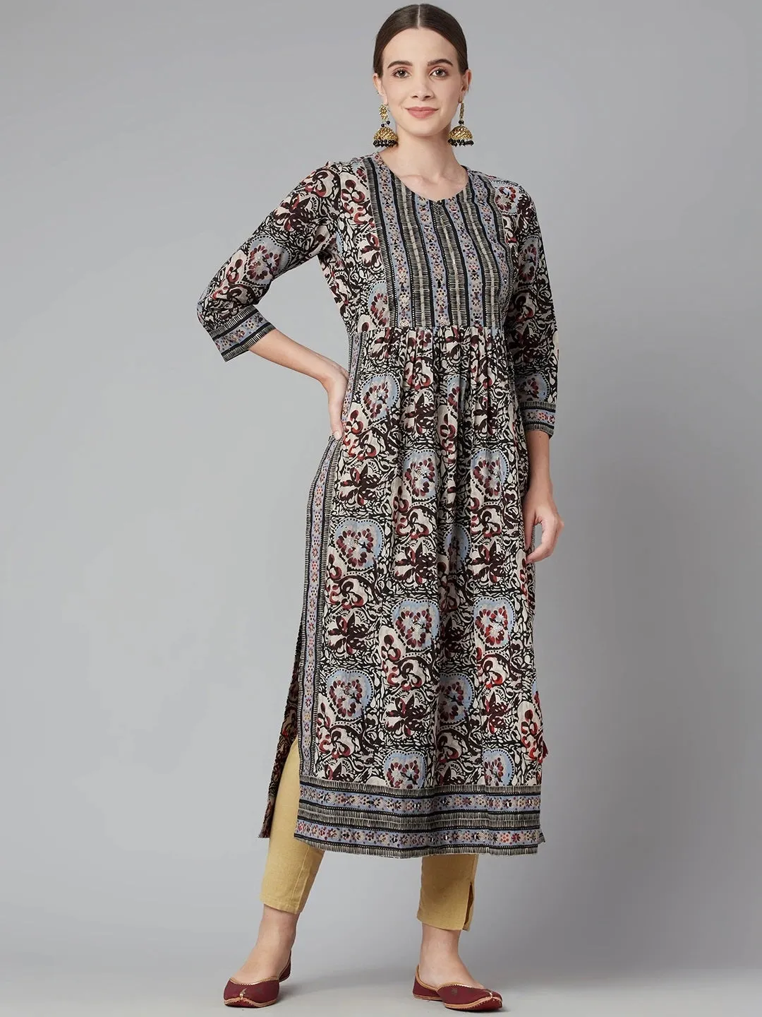 Women'S Grey Cotton Gathered Kurta With Side Slits.